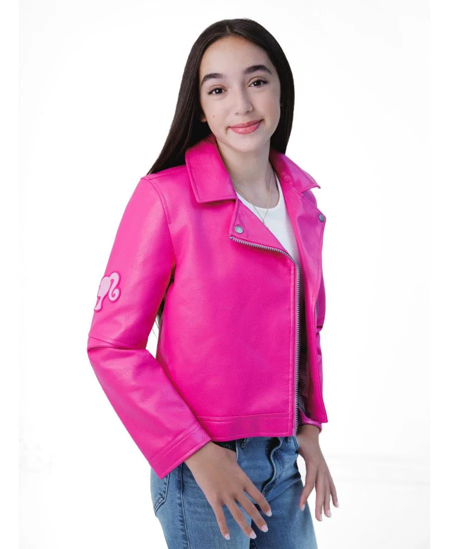 Детская куртка-косуха из кожзаменителя с принтом Barbie, Iridescent Pink — фото 3