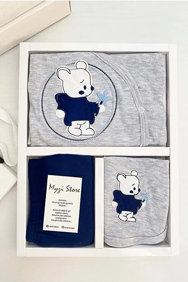 Детский комплект из 3 предметов с принтом Newborn hospital release set of 3 cotton 100% cotton baby clothes yellow bear Myzi Store, Navy Blue