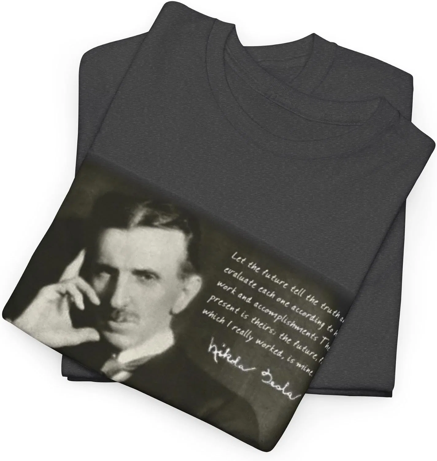 Женская футболка с принтом Nikola Tesla Future Tell The Turth Work Inventor Genius, тёмно-серый меланж — фото 3