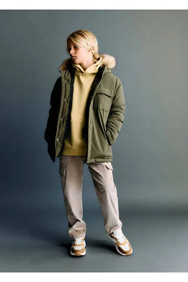 Детское пальто для девочек стеганое Hooded Artificial Fur Anorak Mango Kids, Khaki Color — фото 2