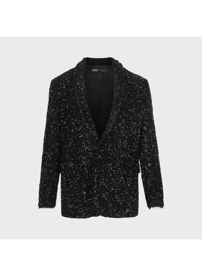 Блейзер с блестящими пайетками и подплечниками Zara, черный — фото 2