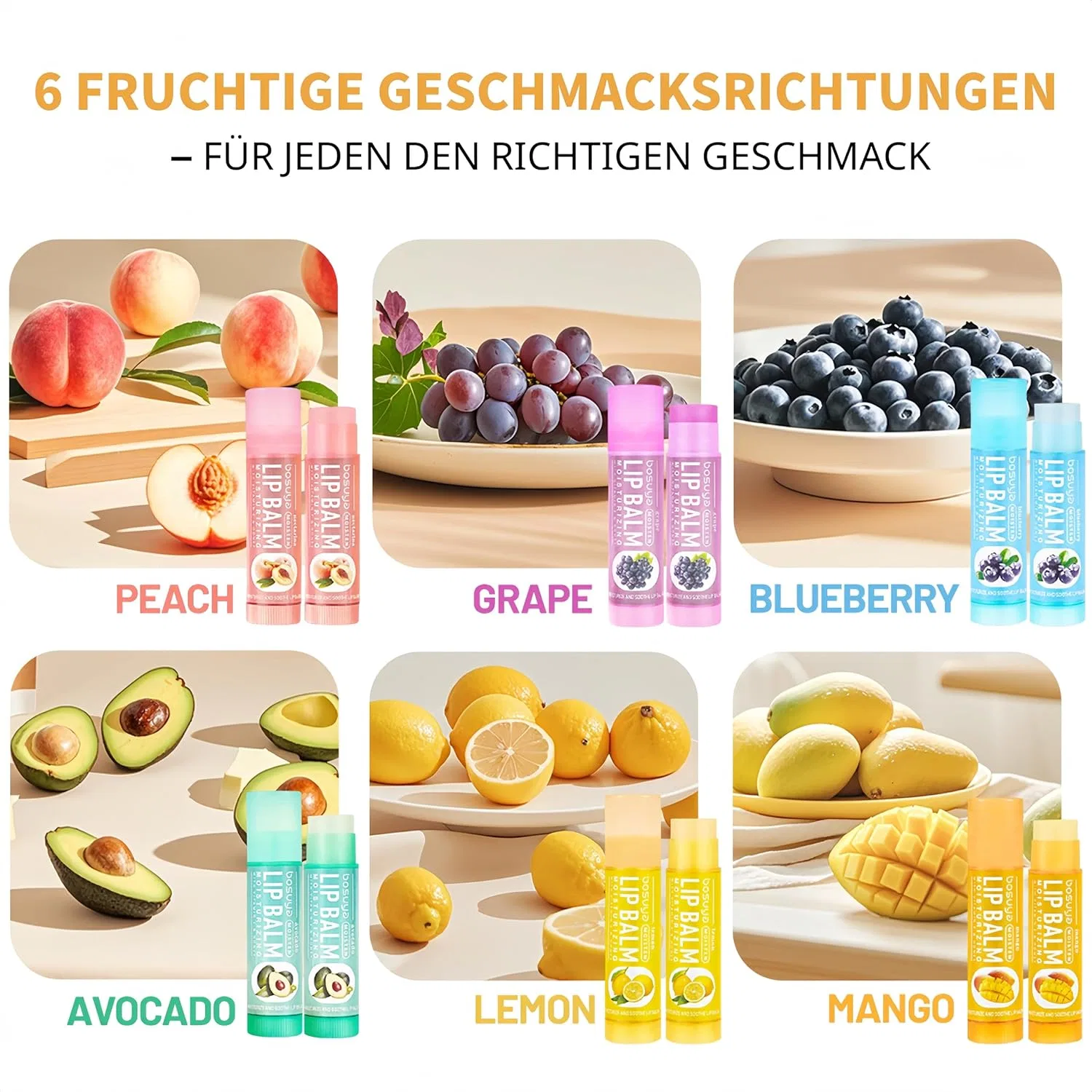 Набор бальзамов для губ, 12 шт, UFkeanlo, 140 г, Blueberry, Grape, Peach, Avocado, Lemon, Mango — фото 3
