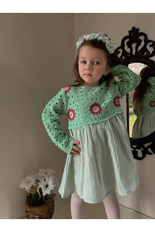 Детское платье для девочек с принтом Muslin strain detailed dress Alpids, Green — фото 3