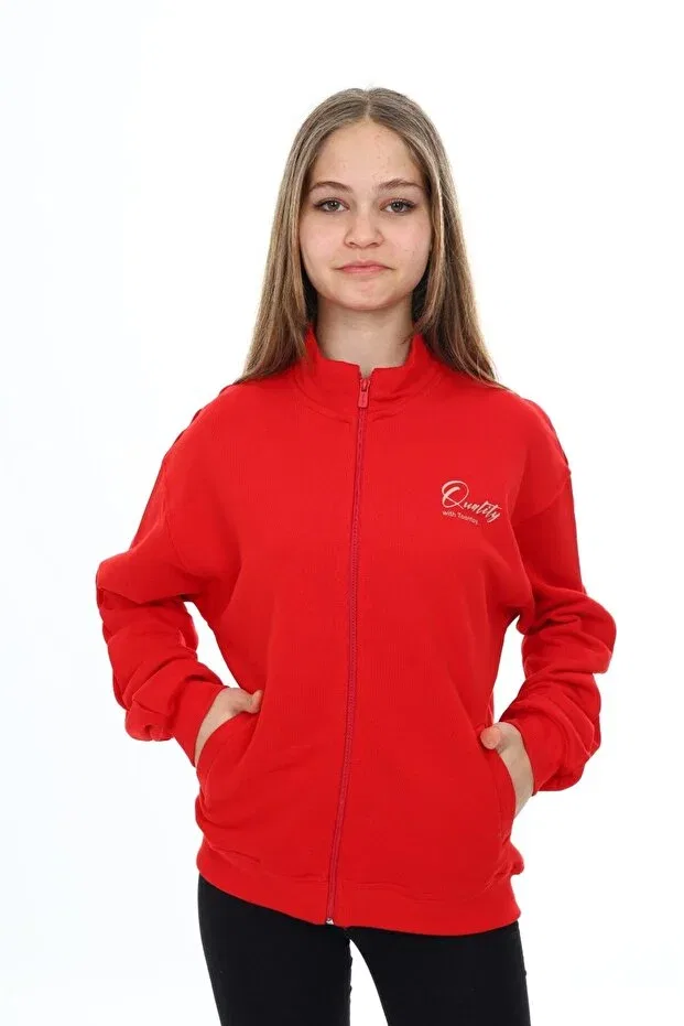 Детский кардиган для девочек с принтом Red girl's mock neck zippered pockets off-shoulder embroidery printed knitted cardigan -3 thread without sharudun Toontoy, Red — фото 4