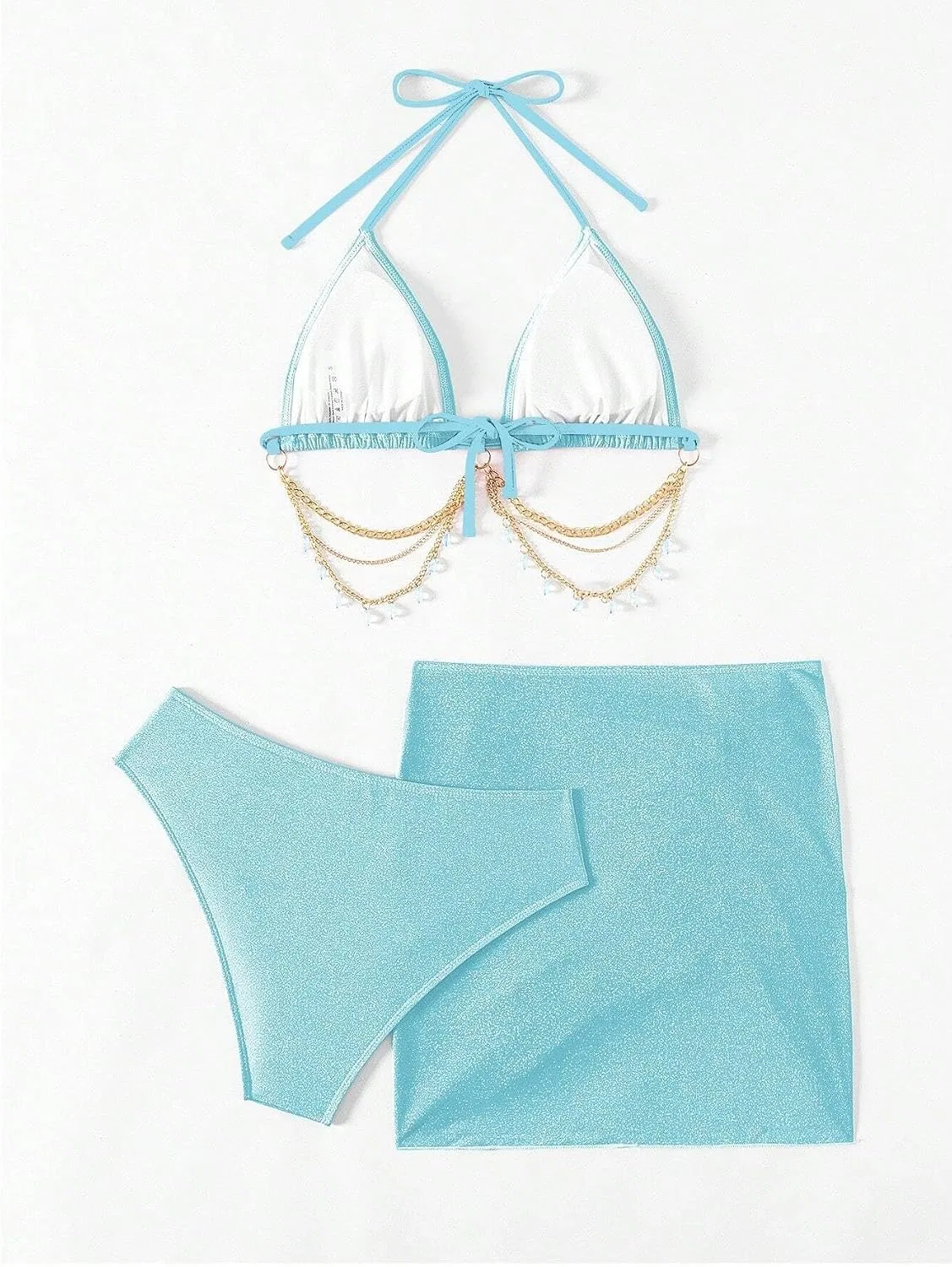 Женский бикини-комплект из 3 предметов с высокой талией Halter, Blue — фото 4