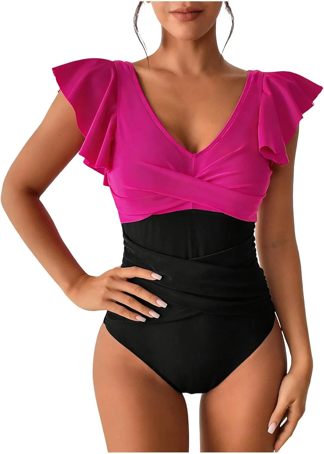 Женский цельный купальник V-образным вырезом с рюшами, Hot Pink