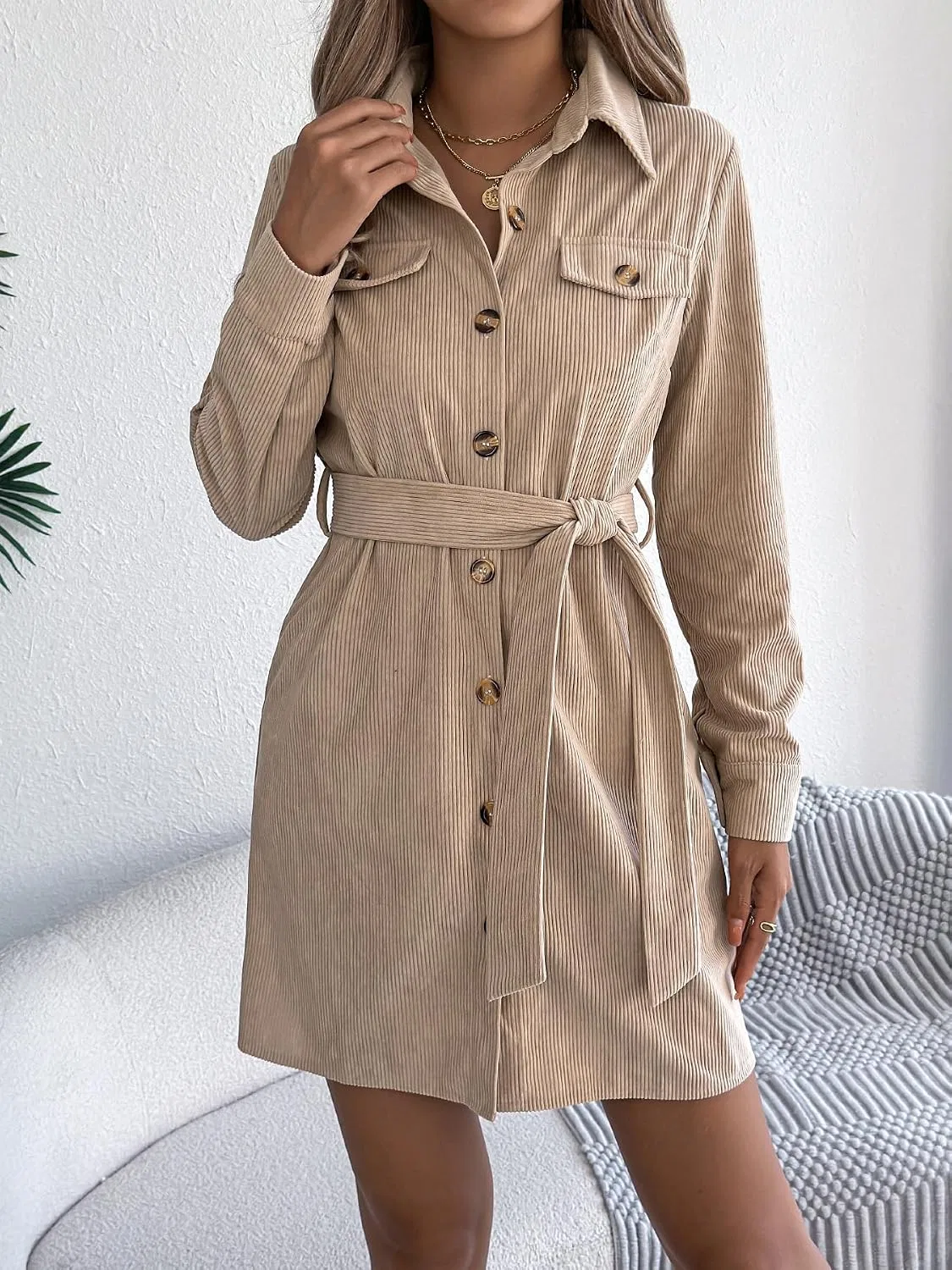 Женское платье-рубашка из вельвета с поясом, Khaki — фото 2