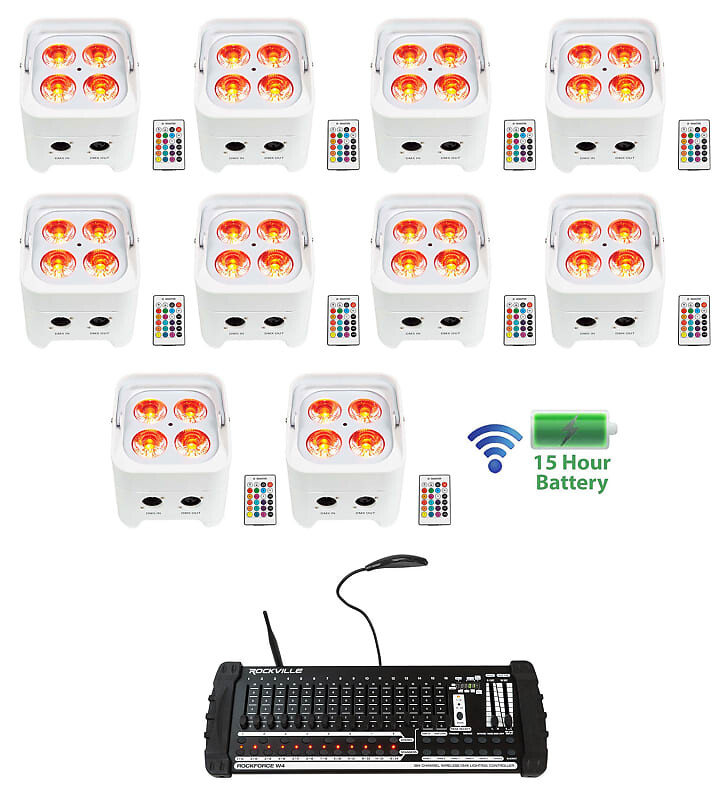 

10 Rockville BEST PAR 50 Battery Wash Lights Беспроводной DMX + 384-канальный контроллер (10) BEST PAR 50 WHITE+ROCKFORCE W4