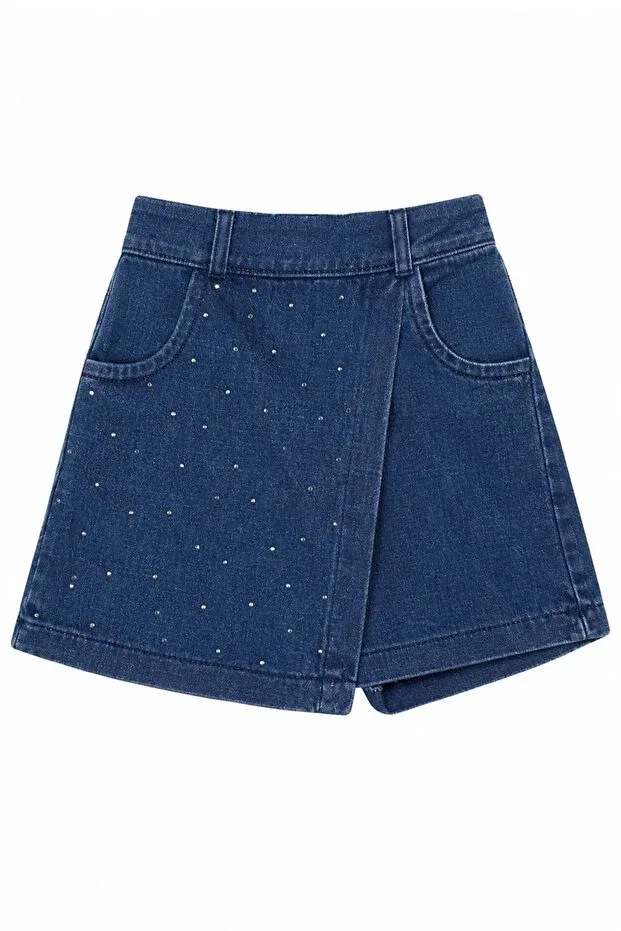 Детский комплект для девочек с геометрическим принтом Girl'S pink stone-embellished bow shirt and stone-embellished denim shorts with skirt 2-piece set By Bebekodam, Blue — фото 3