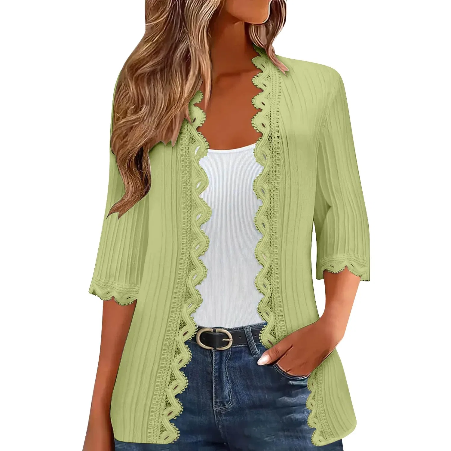 Женский легкий кардиган-кимоно с рукавом 3/4, Light Green