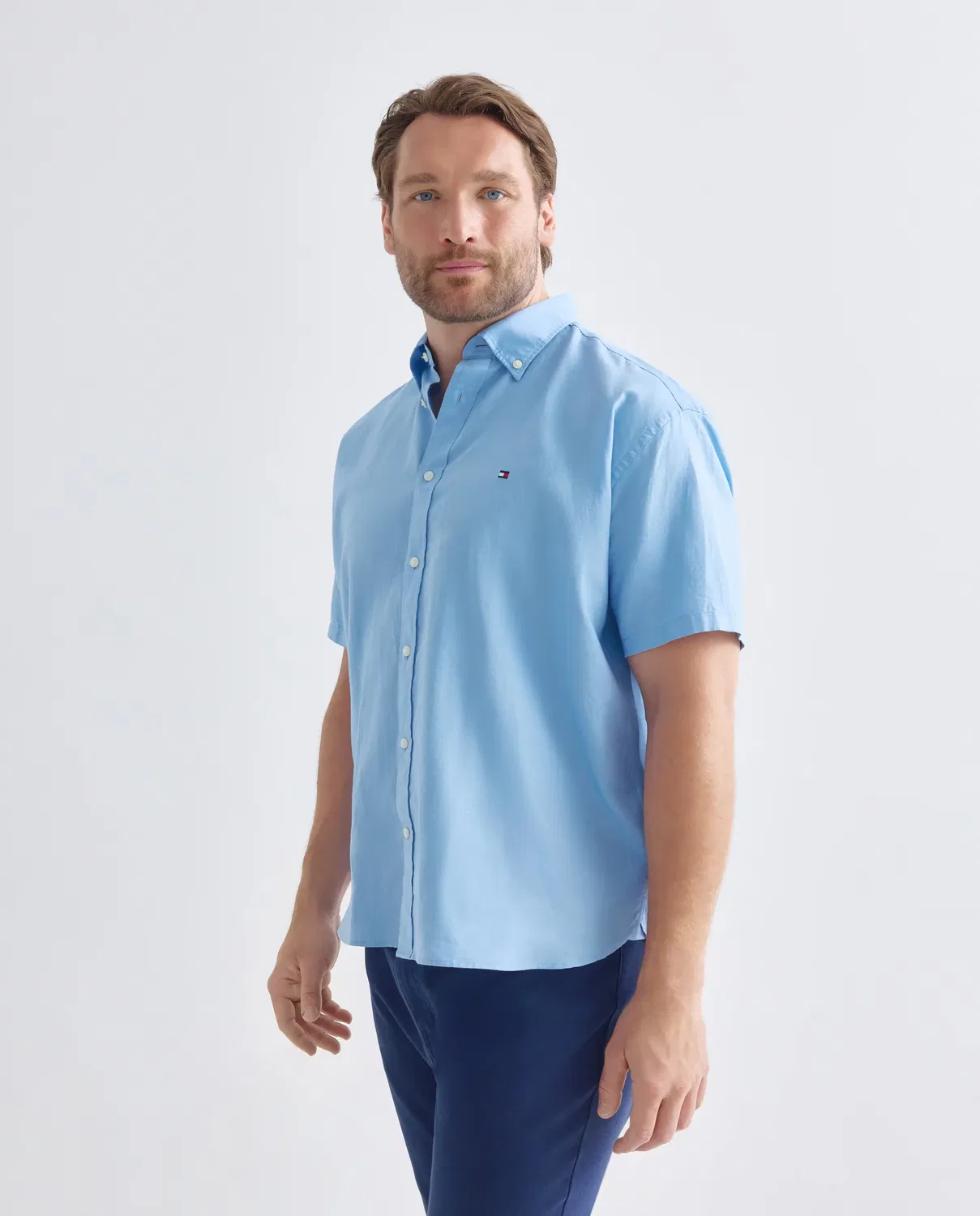 Мужская рубашка с коротким рукавом из смесового льна Tommy Hilfiger, Azul Claro