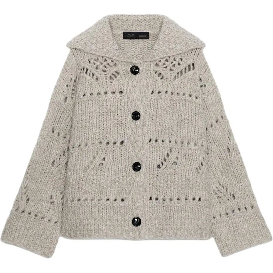 Женский вязаный кардиган с отложным воротником Beige ZARA, Бежевый