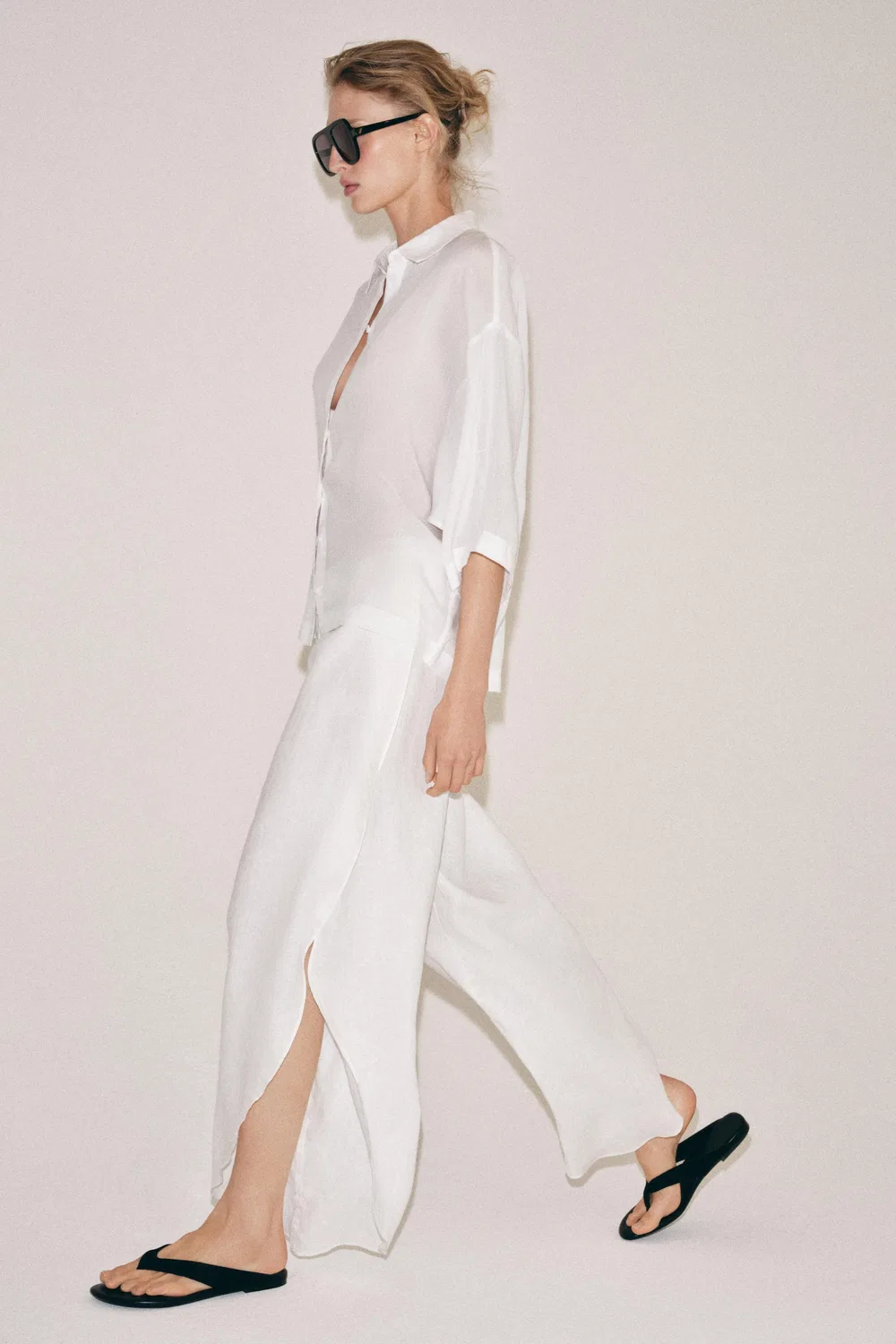 Брюки из 100% льна с разрезами, коллекция ZW ZARA, White — фото 2