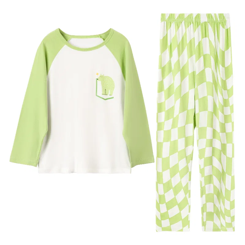 Детский комплект домашней одежды с принтом Red bean Red Bean Homewear Animal Print Round Neck Raglan Long Sleeve Top Elastic Waist Pants Spring Green, Spring Morning Green