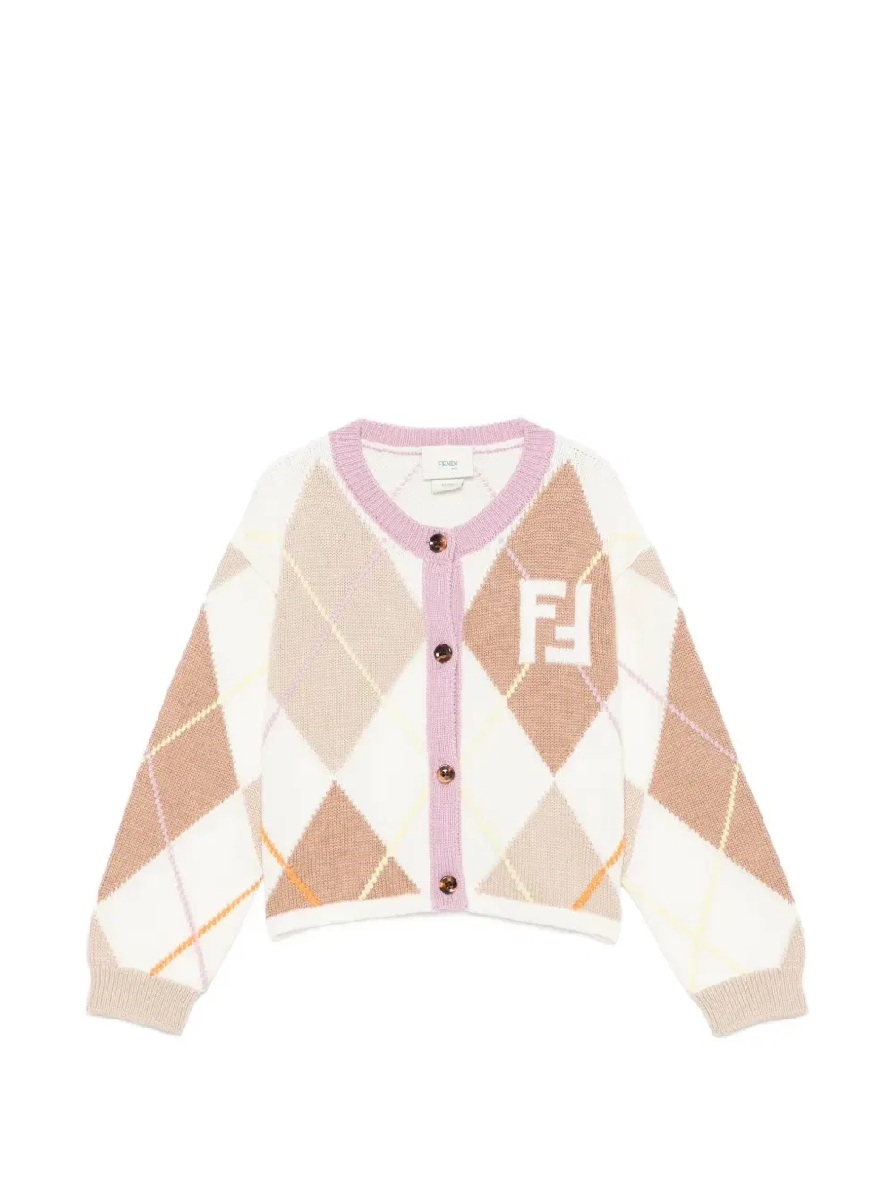 Кардиган с ромбовидным узором и логотипом FF Fendi Kids, бежевый