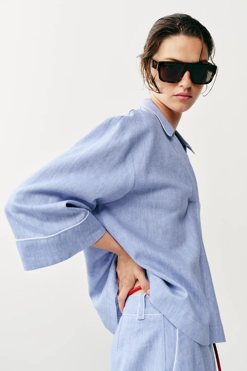 Блузка из смесовой льняной ткани с кантом ZARA, Light Blue — фото 3