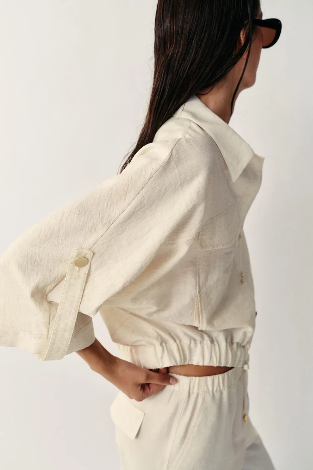Блузка в стиле сафари с отворотами на рукавах ZARA, Light beige — фото 4