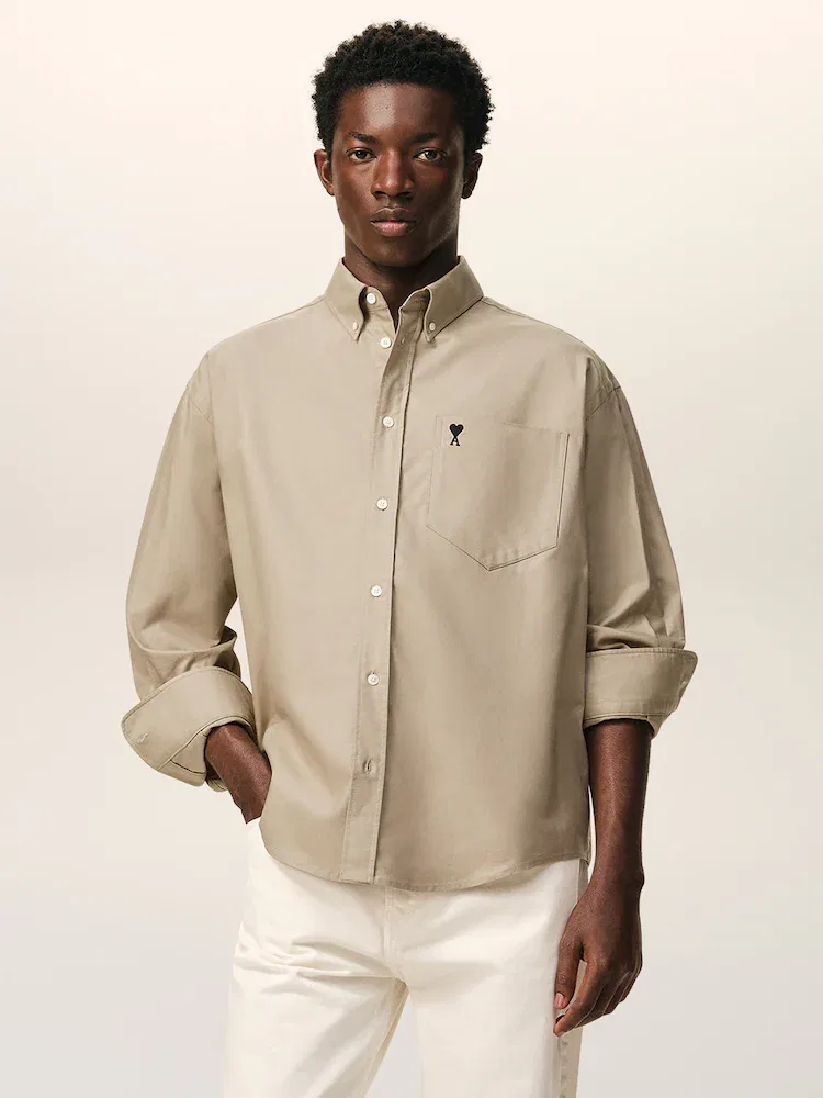 Рубашка с вышивкой Boxy Long Sleeves Shirt AMI PARIS, Beige Taupe