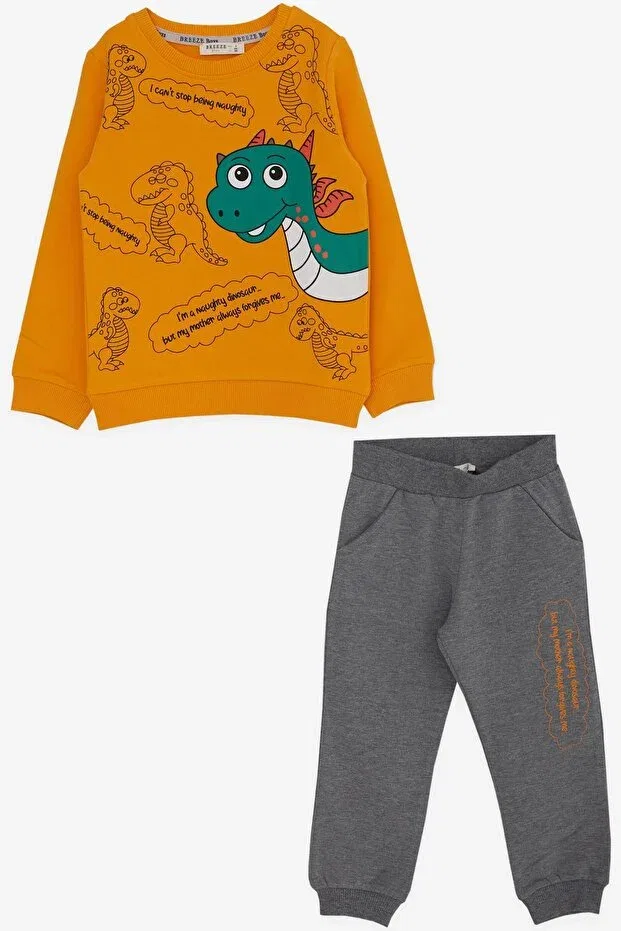 Детский комплект спортивного костюма для мальчиков с принтом Dinosaur Patterned Breeze, Mustard Yellow