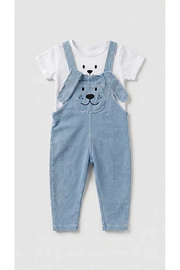Детский комбинезон для девочек с принтом Baby dog figured appliqued denim look salopet bodysuit double set Sabi, White