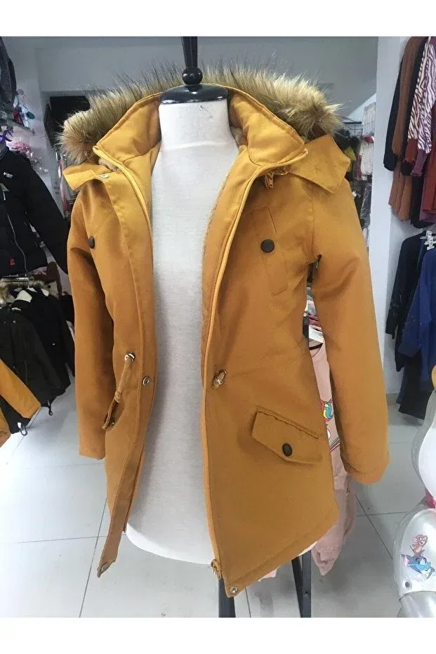 Детское зимнее пальто для девочек с меховым капюшоном MNT-0005 Günce Moda, Mustard Yellow