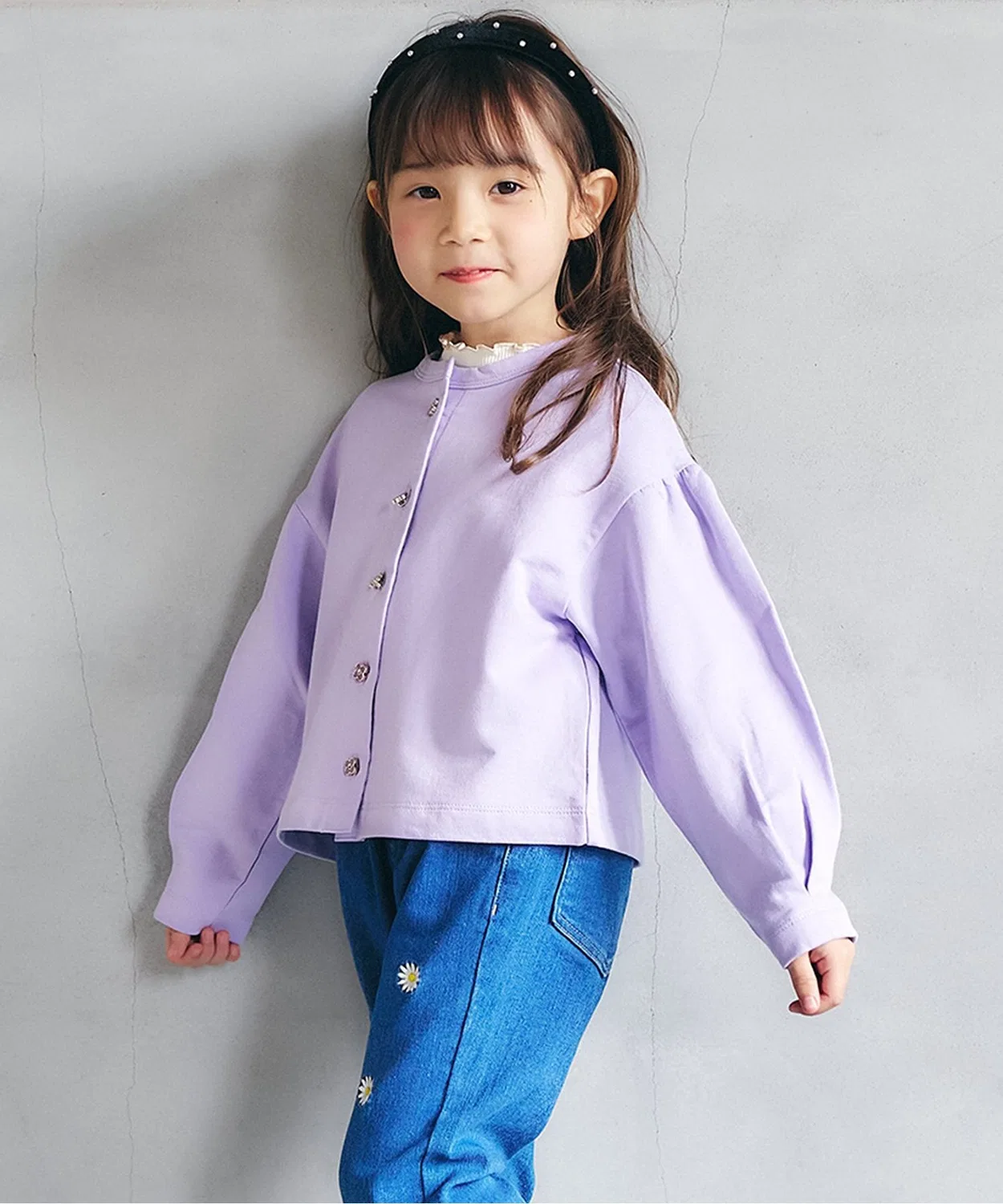 Детский кардиган с цветочными пуговицами, короткий, модель Flower Button Short Cardigan, apres les cours, Lavender