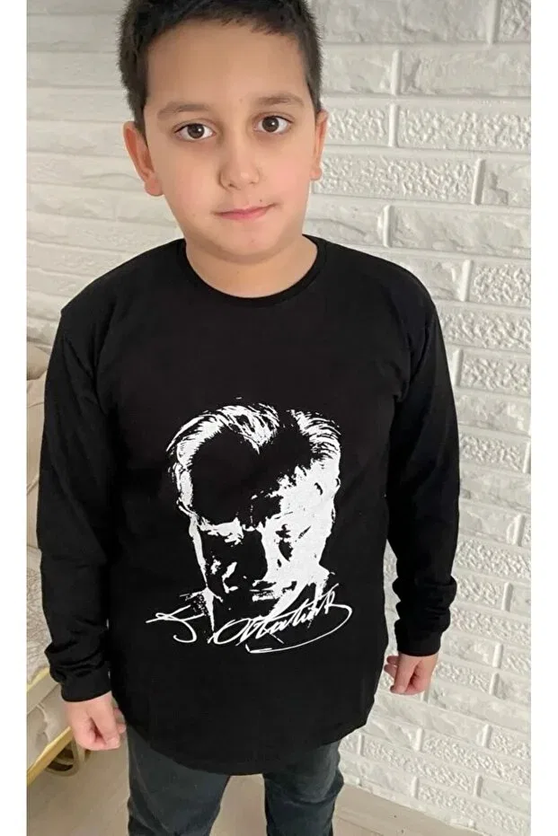 Детская футболка для девочек с принтом Ataturk printed children's long-sleeved combed cotton t-shirt 23 april / 29 october / 10 november Generic Brands, Black