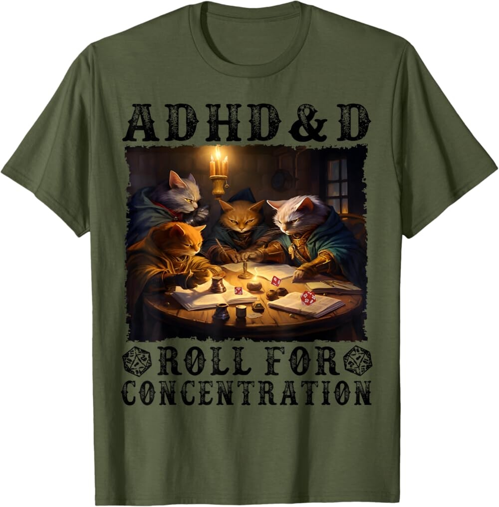 

Мужская футболка Funny Tees Gamer RPG Apparel Cats RPG Gamer Roll For Concentration, оливковый