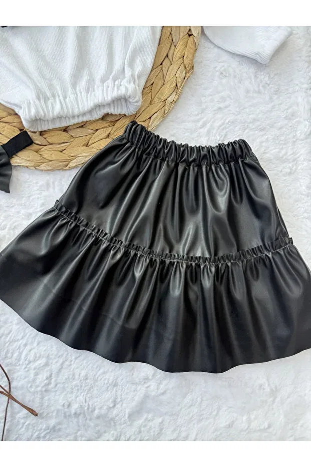 Детский комплект для девочек с принтом Girl & baby set leather skirt bow badi bandana set Akif Giyim, White — фото 2