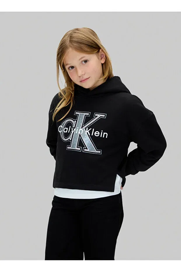 Детское худи для девочек с принтом Calvin Klein, Black — фото 2