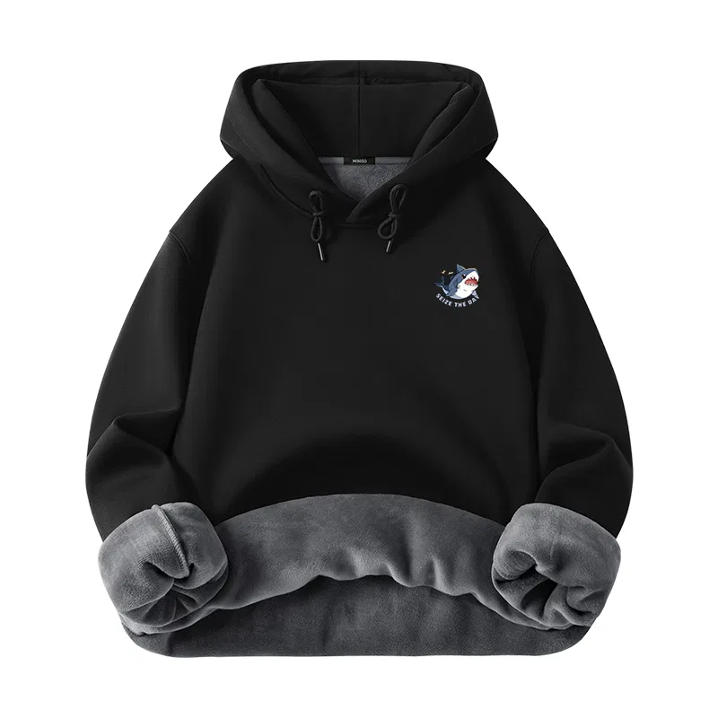 Детское худи с капюшоном средней плотности MINISO, Fleece-Lined Black (With Happy Shark Chest Logo)