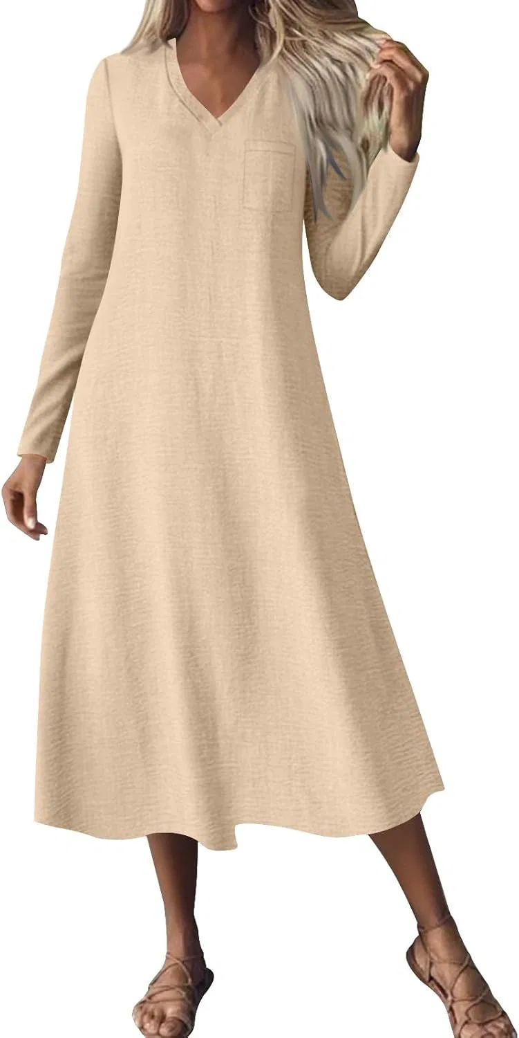 Женское повседневное платье с V-образным вырезом и карманами, Beige