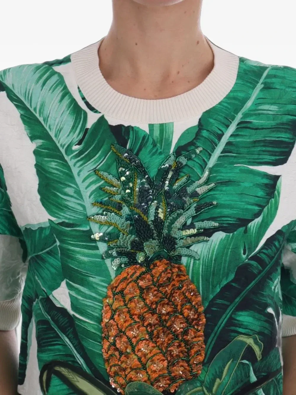 Топ с принтом ананасов с пайетками и банановых листьев DOLCE & GABBANA, зеленый — фото 4