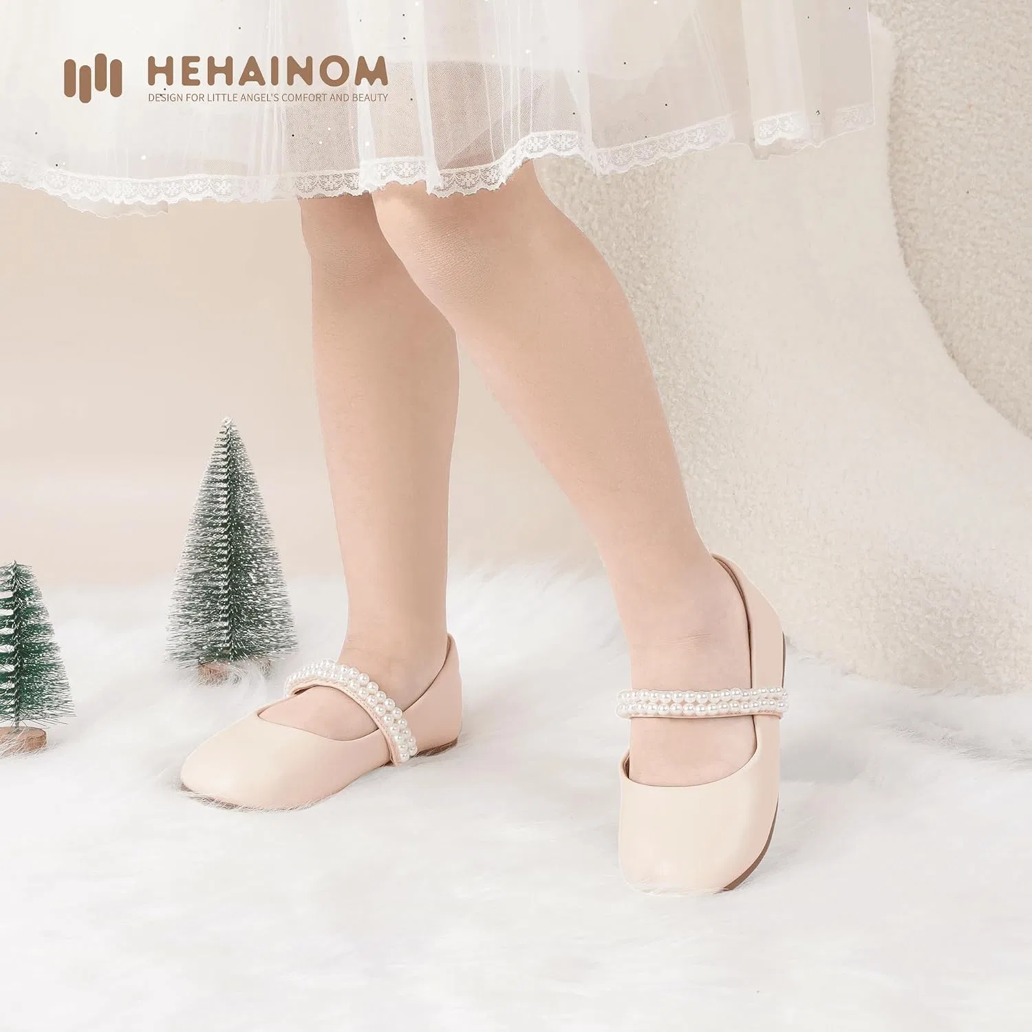 Детские балетки для девочек с цветочным принтом Hehainom, Beige — фото 2