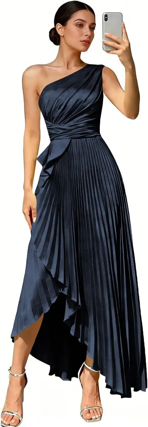 Женское атласное платье с одним плечом A-line Formal Gown, Navy Blue
