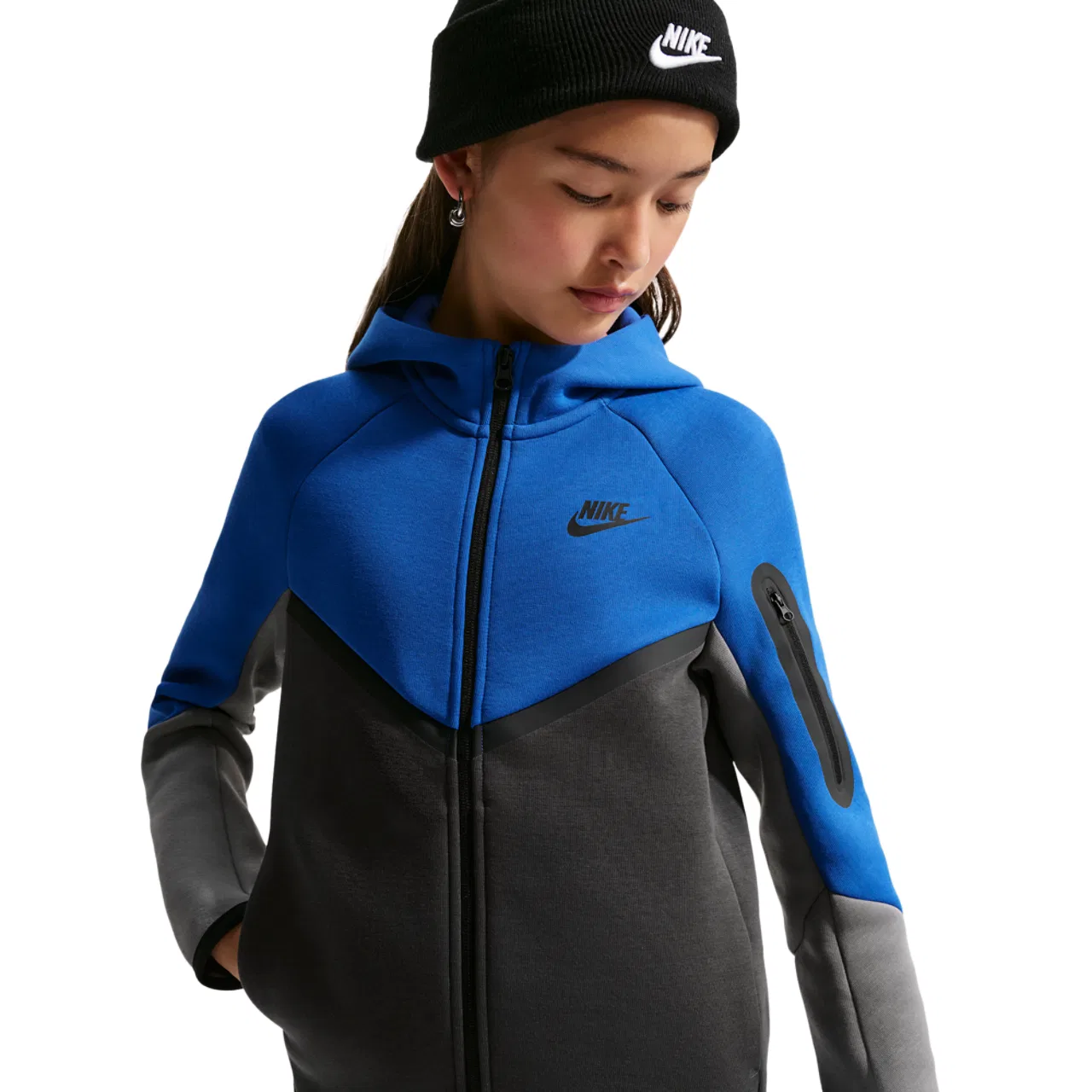 Детское худи для мальчиков с капюшоном Nike Tech Fleece Full-Zip, Anthracite Smoke Gray Game Royal