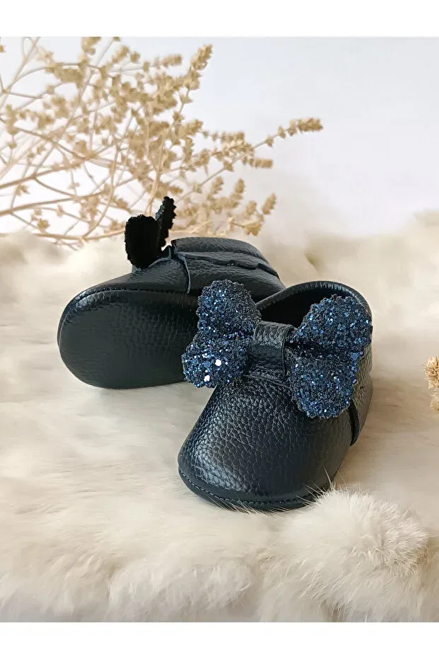 Детские кожаные лоферы для девочек с отделкой камнями Sofia stoned navy blue genuine leather baby loafer Hodore, Navy Blue With Stones — фото 4