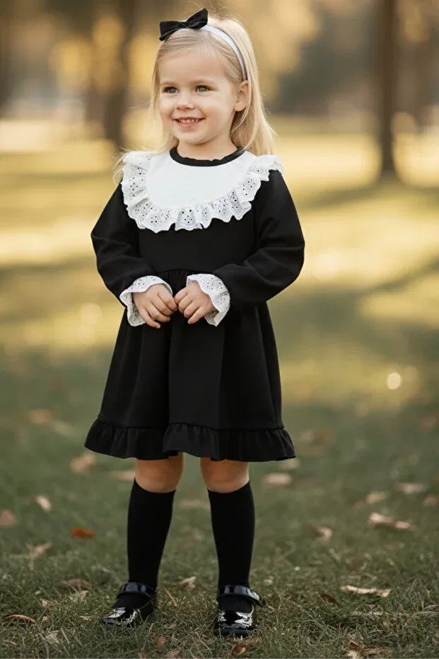 Детское платье для девочек с длинным рукавом Ruby Black Long Sleeve Lace Detailed Ruffle Dress Bandana Suit Parla Kids, Black