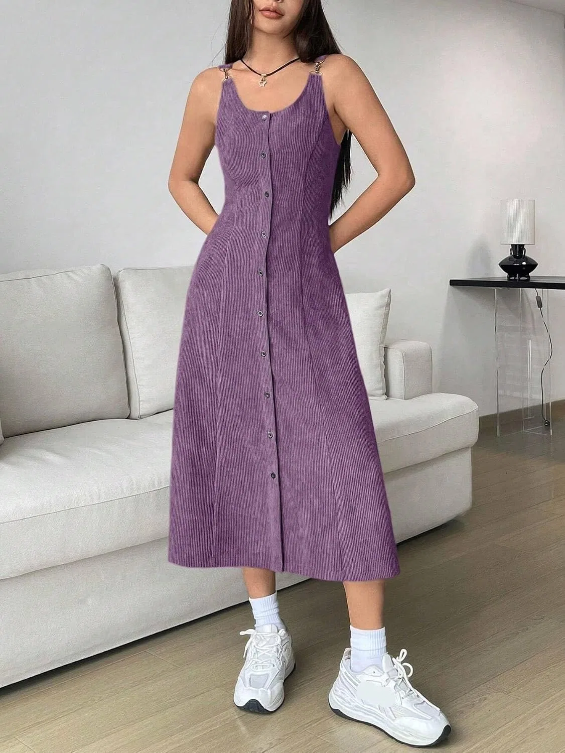 Женское повседневное платье миди A-силуэта с пуговицами, Purple — фото 4
