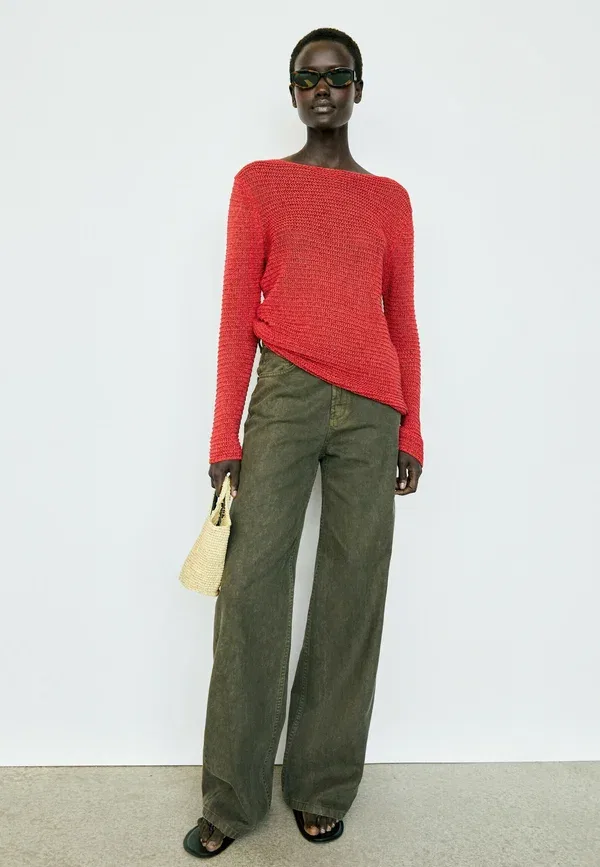 Свитер из хлопка Boat neck knit sweater Massimo Dutti, красный — фото 4