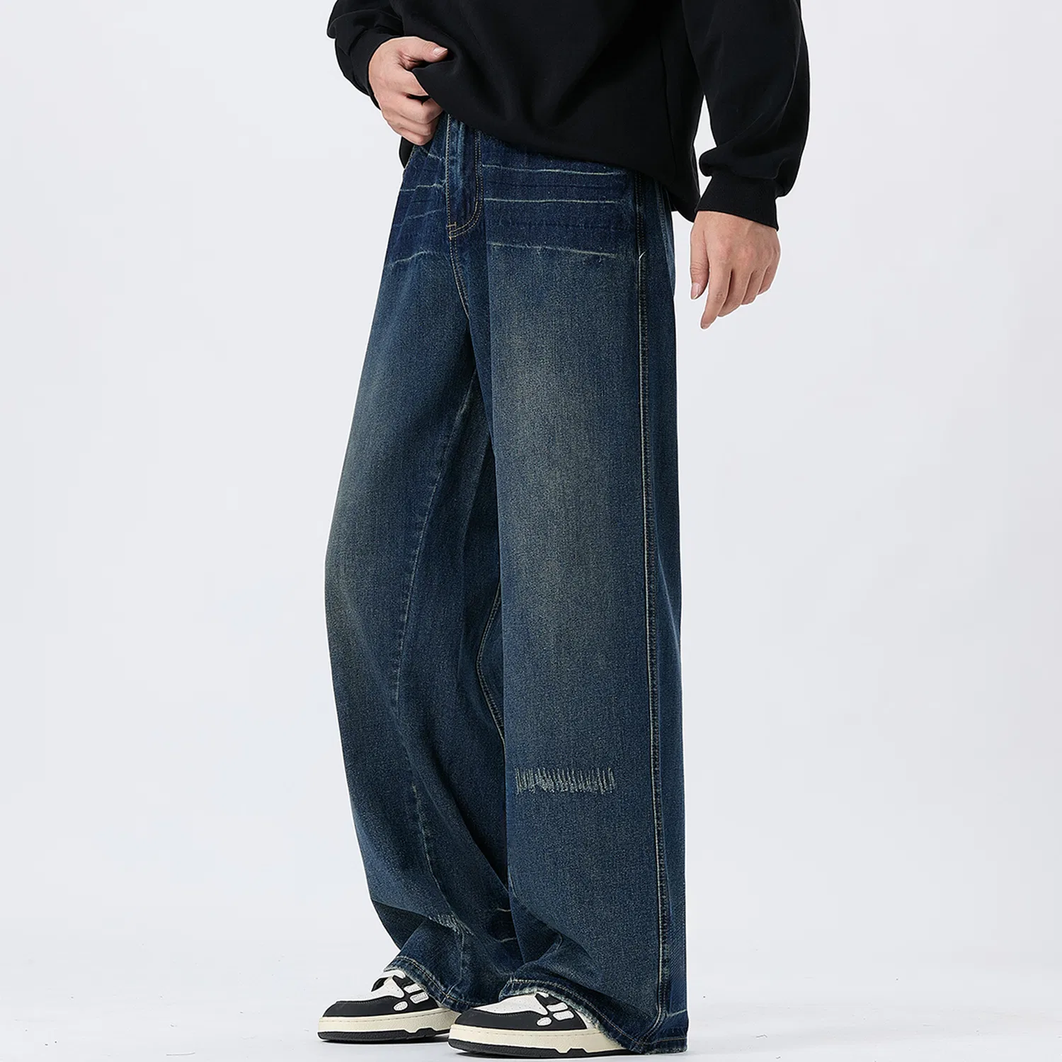 Детские джинсы свободного кроя с потертостями Red bean, Dark Blue — фото 3