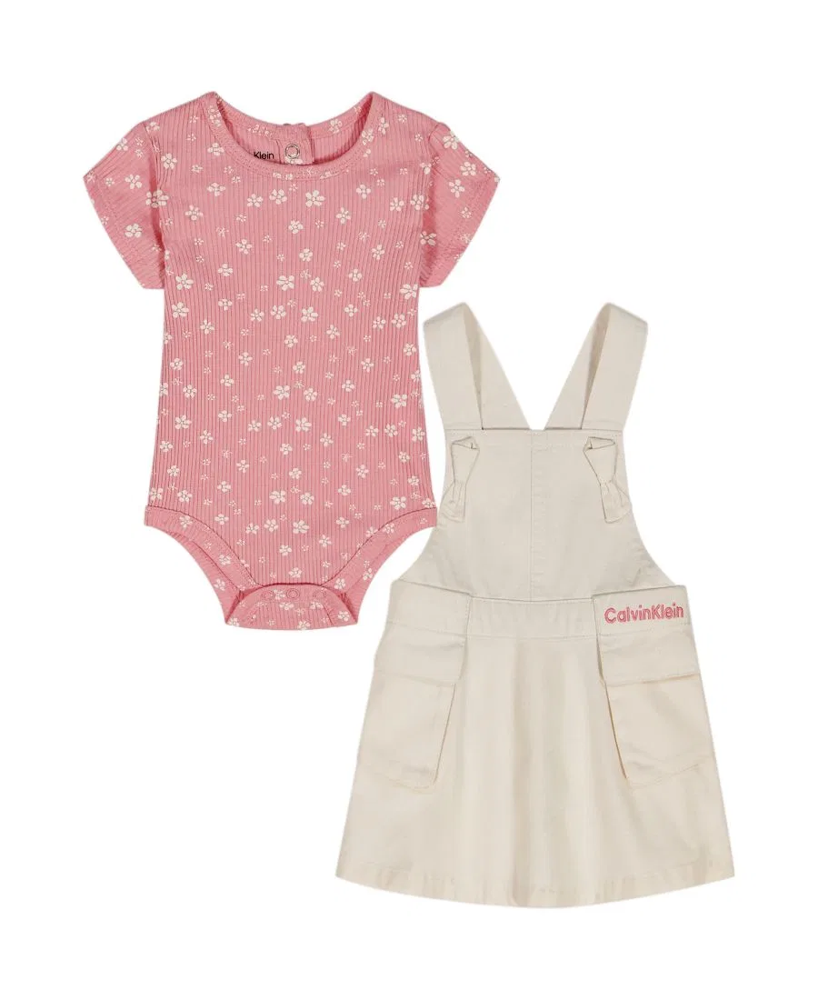 Детский комплект для девочек с принтом Ribbed Printed Bodysuit & Denim Overall Calvin Klein, Light Cream/Soft Pink — фото 4