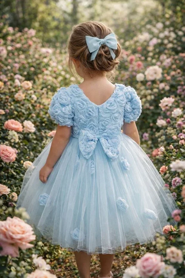 Детское платье для девочек с принтом Rose Embossed Tulle Piece Style Abiyekids, Blue