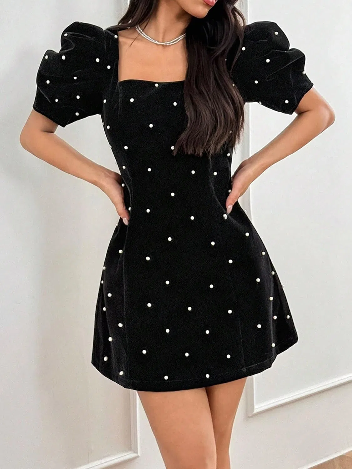 Женское летнее платье с пышными рукавами мини, Black — фото 3