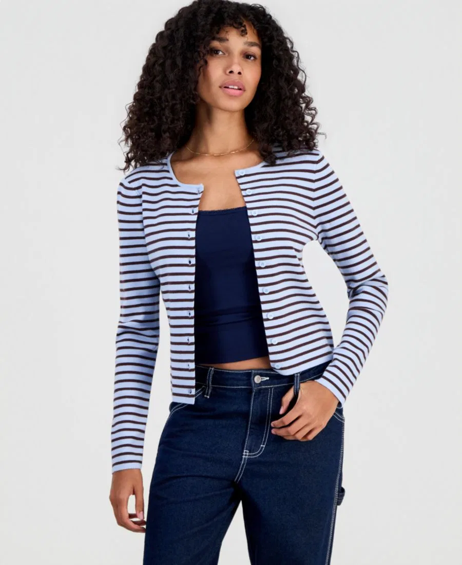 Кардиган с v-образным вырезом и полоской, модель Striped Ribbed Cardigan Hooked Up by IOT, Blue Brown Stripe