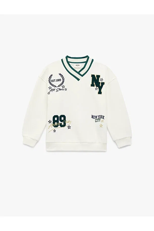 Детские свитшот для девочек с принтом Embroidery detailed long sleeve v-neck sweatshirt Koton, Ecru — фото 4