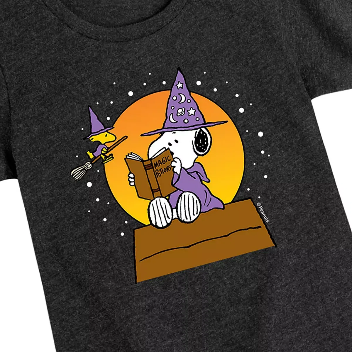 Детское футболка для девочек с принтом Snoopy and Woodstock Halloween Witches Peanuts, Heather Black — фото 2
