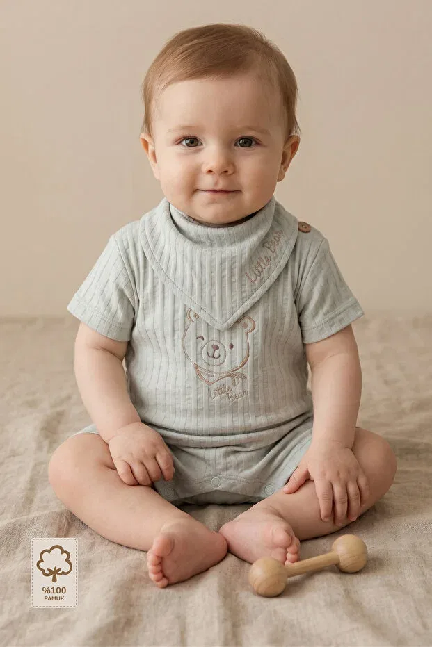 Детский комбинезон для девочек хлопковый с вышивкой медведя Minory Baby, Gray — фото 3