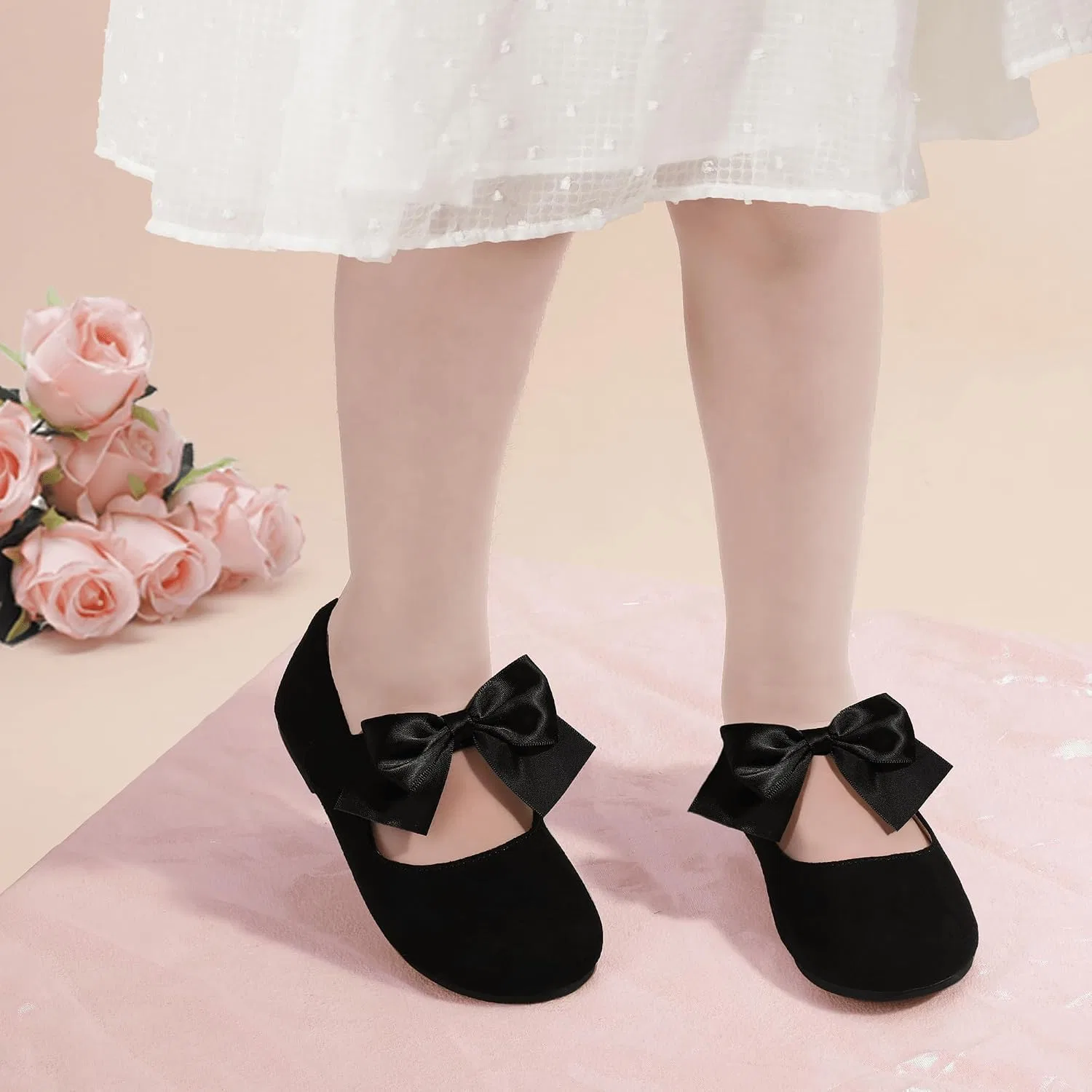 Детские балетки для девочек с бантом Mary Jane PANDANINJIA, Black Suede — фото 2