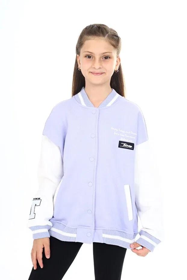 Детский кардиган с принтом Girls' college collar snap closure pocket low shoulder embroidery printed color block knitted cardigan Toontoy, Blue